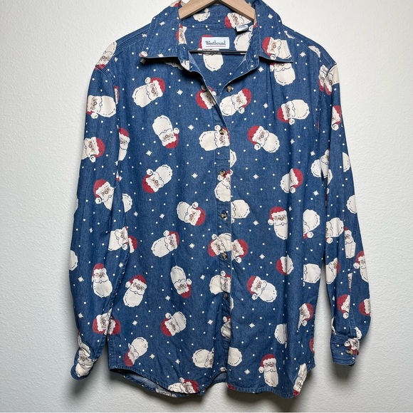VTG 90s Westbound Women Button Front Shirt Large Cotton Chambray Denim‎ Santa - Picture 1 of 8